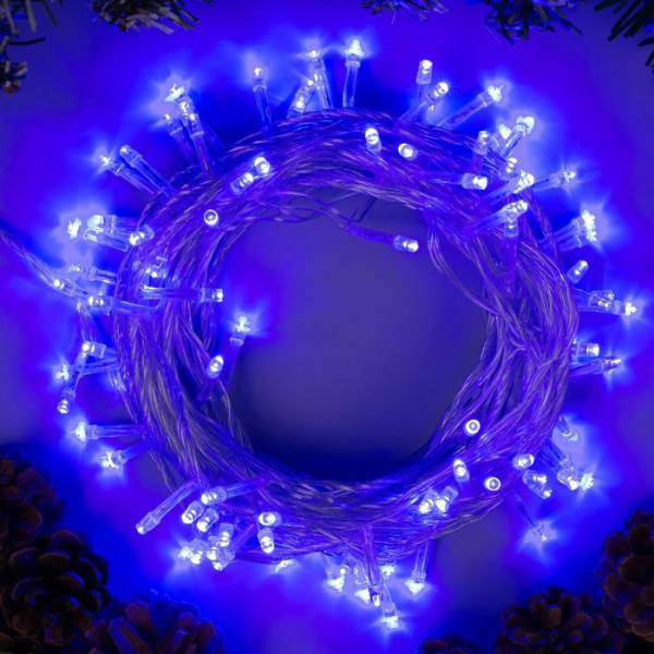 Гирлянда «Нить» 10 м, IP20, прозрачная нить, 100 LED, 8 режимов, 220 В, свечение синее