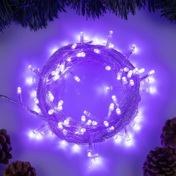 Гирлянда «Нить» 10 м, IP20, прозрачная нить, 100 LED, 8 режимов, 220 В, свечение фиолетовое